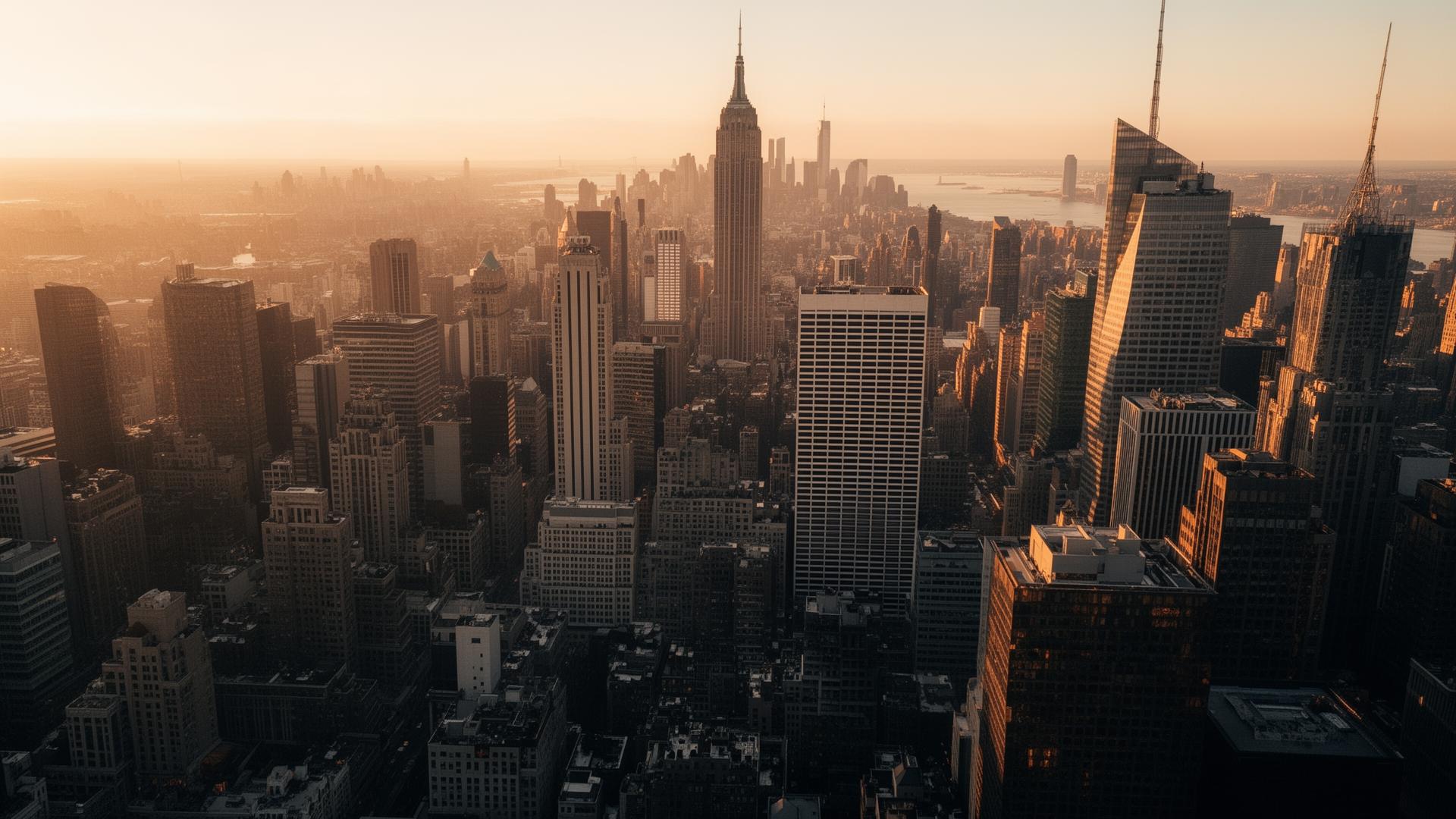 Manhattan financial district at golden hour